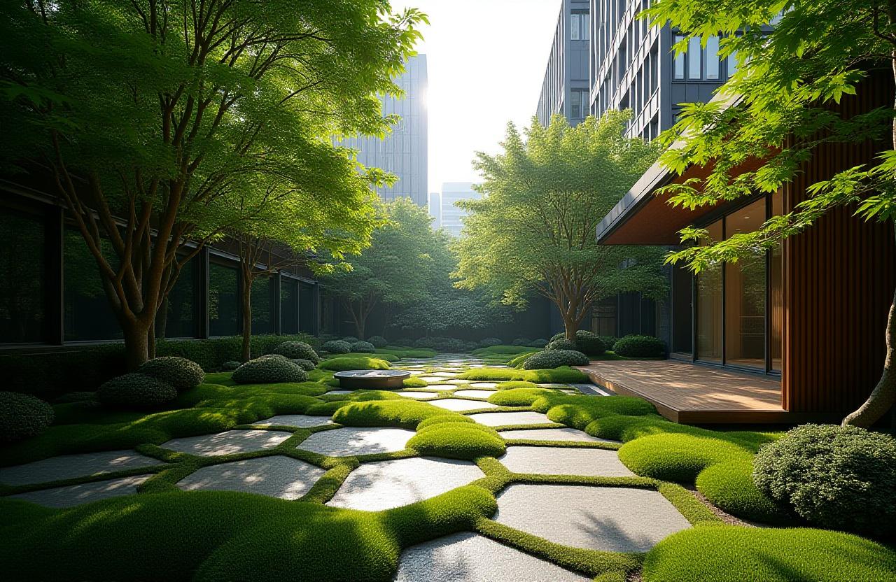 Lush designer garden in Shibuya Tokyo with stone paths