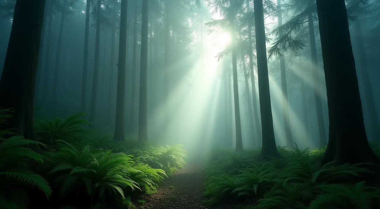 Lush forest garden with morning mist