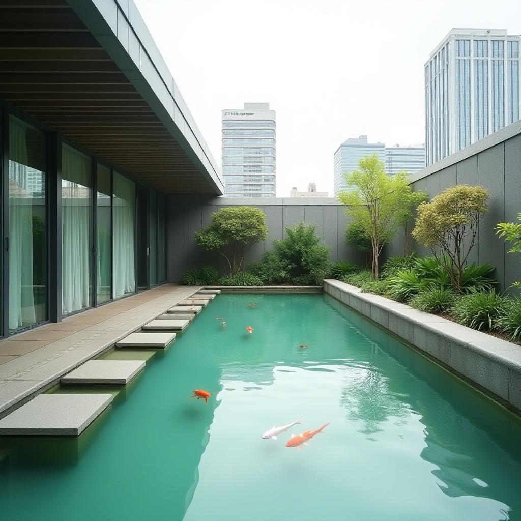 A modern rooftop retreat in Shibuya featuring a minimalist koi pond