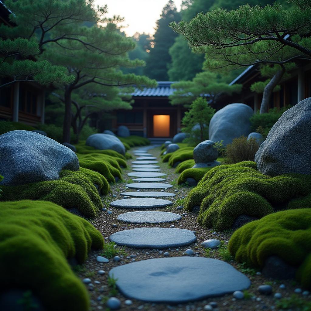 Restored Zen garden with stone pathways and moss arrangements